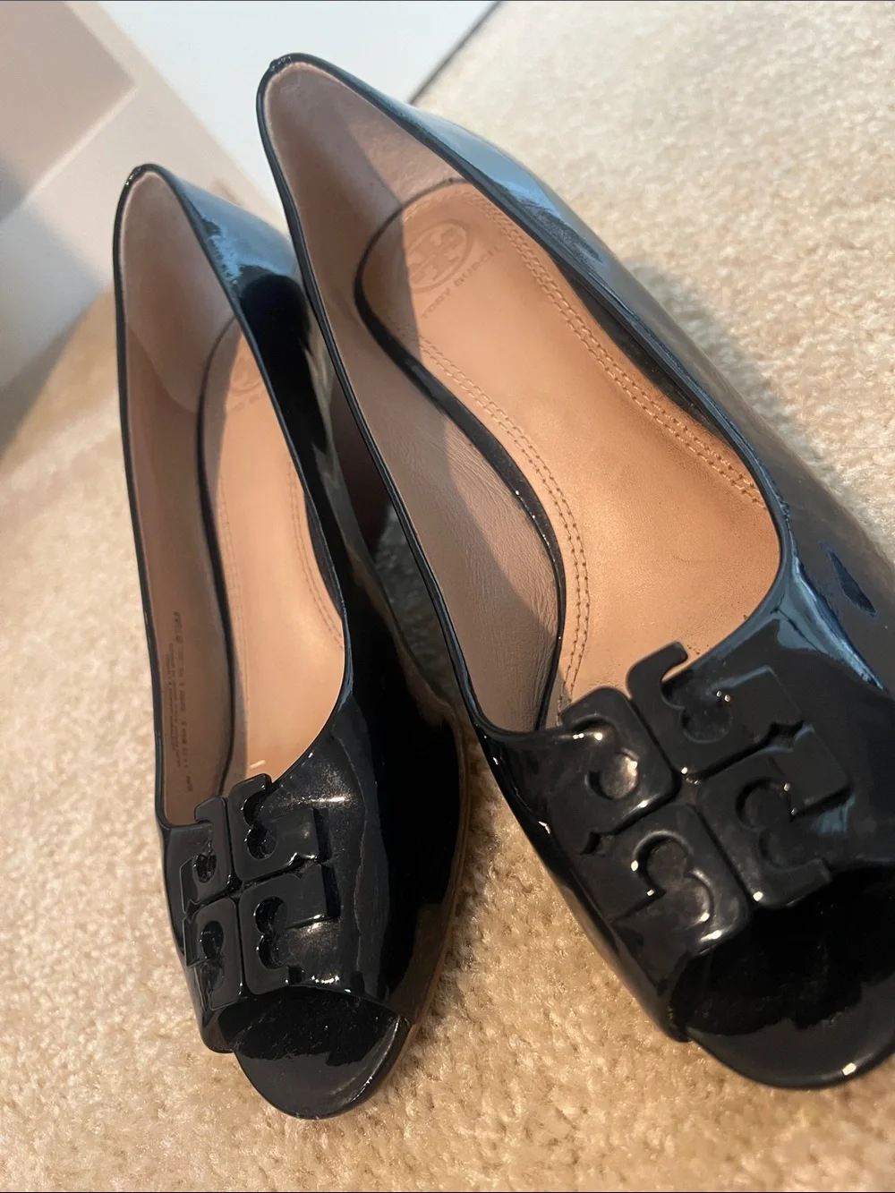 Tory Burch Black Patent Peep-Toe Wedge Flats